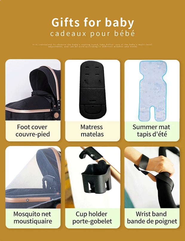 Kinderwagen - Buggy - Plooibuggy - Buggy 3 in 1 Kinderwagen - Inklapbare Kinderwagen - Aluminium Frame - Hoogbouwwagen - voor Pasgeboren Babyboomer - Bruin