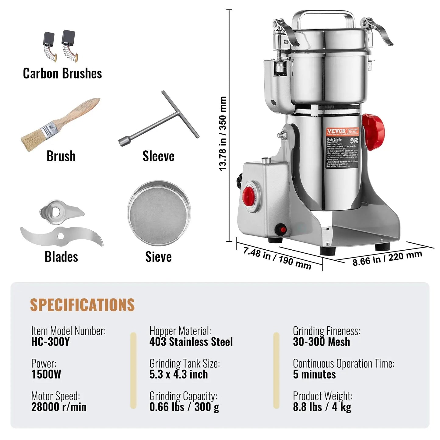 Kruidenmolen Elektrisch - Specerijenmolen - Graanmolen - Kruidenmaler - Elektrische Koffie Molen - Hoge snelheid commerciële slijpmachine - 300G - 1500W - 28000RPM - Zilver
