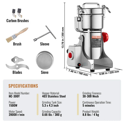 Kruidenmolen Elektrisch - Specerijenmolen - Graanmolen - Kruidenmaler - Elektrische Koffie Molen - Hoge snelheid commerciële slijpmachine - 300G - 1500W - 28000RPM - Zilver