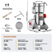 Kruidenmolen Elektrisch - Specerijenmolen - Graanmolen - Kruidenmaler - Elektrische Koffie Molen - Hoge snelheid commerciële slijpmachine - 300G - 1500W - 28000RPM - Zilver