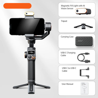 Gimbal Smartphone - Gimbal for Smartphone &amp; Camera - Handheld Mirrorless - Smartphone Handheld Gimbal Stabilizer - Selfie Tripod - with AI Magnetic Fill Light Flash for Video Recording - Black