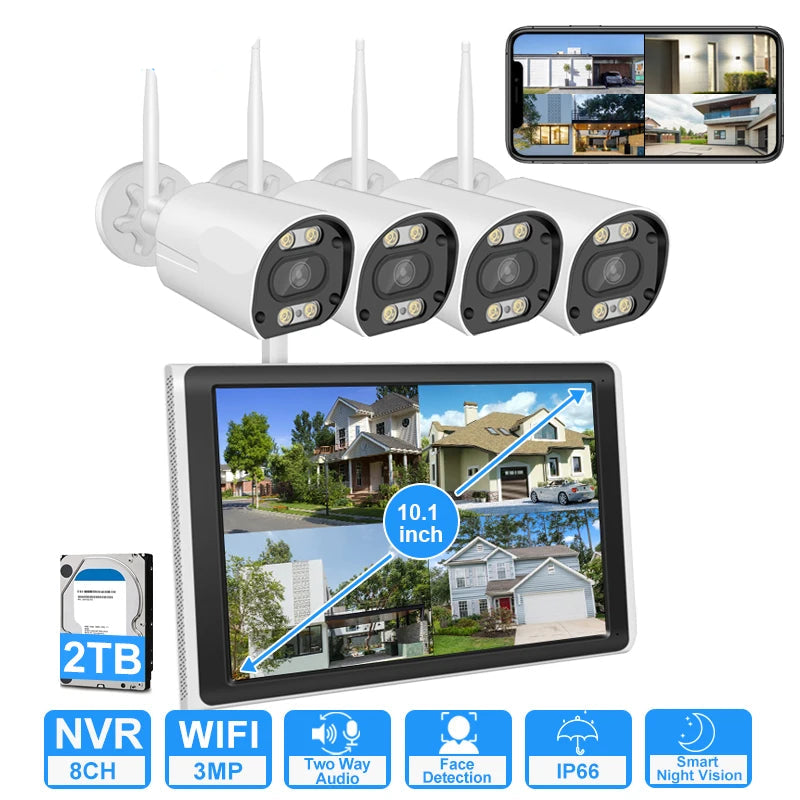 Beveiligingscamerasysteem - Draadloos - 3MP -  8CH NVR en 10.1” LCD - Openlucht- IP66 Waterdichte - Wifi - Bewakingscamera - Beveiligingscamera - Full Color Nachtzicht en Gezichtsdetectie - Zonder Harde Schijf - 4 Stuks - Wit - QUORE