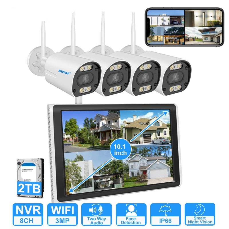 Beveiligingscamerasysteem - Draadloos - 3MP - 8CH NVR en 10.1” LCD - Openlucht- IP66 Waterdichte - Wifi - Bewakingscamera - Beveiligingscamera - Full Color Nachtzicht en Gezichtsdetectie - 500GB HDD - 4 Stuks - Wit - QUORE