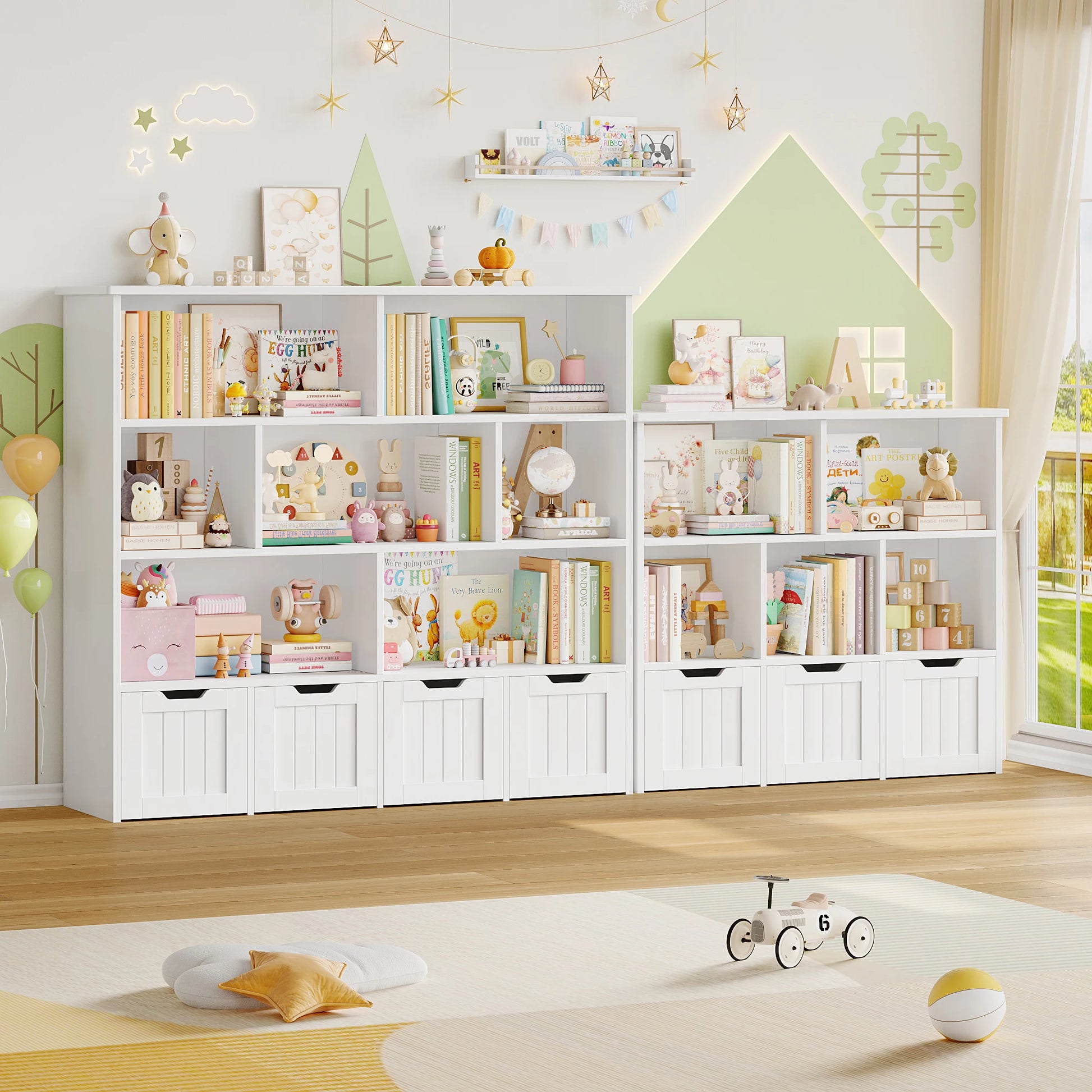 Speelgoedopberger – Speelgoedkast – Kinderboekenkast – Opbergrek – Speelgoed Organizer – Wit – Ruim Met 8 Open Vakken En 4 Lades Op Wieltjes – Gemaakt Van Stevig Hout - QUORE