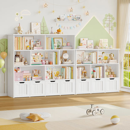 Speelgoedopberger – Speelgoedkast – Kinderboekenkast – Opbergrek – Speelgoed Organizer – Wit – Ruim Met 8 Open Vakken En 4 Lades Op Wieltjes – Gemaakt Van Stevig Hout - QUORE