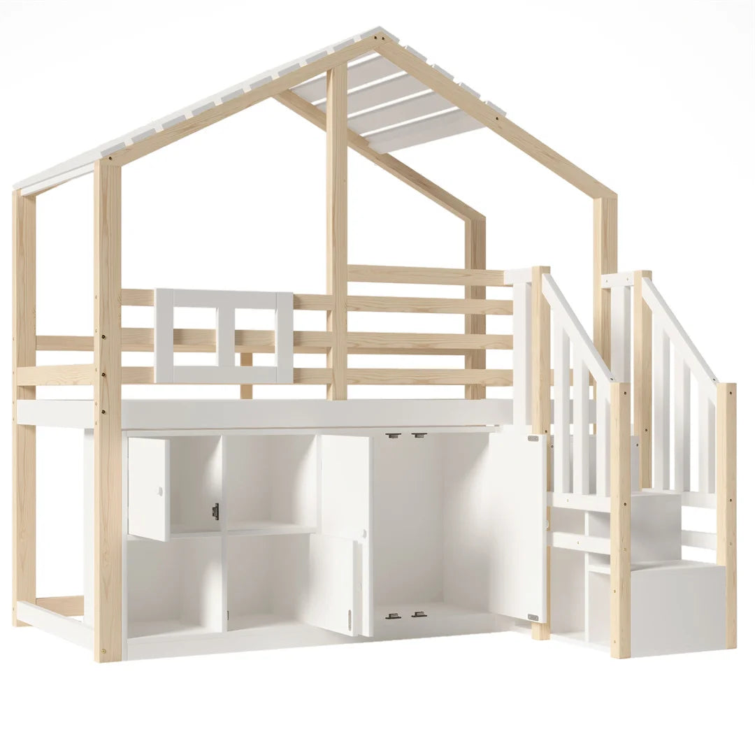 Hoogslaper – Kinderbed – Huisbed – Stapelbed – Hochslaper Kind – Massief Houten Frame – Slimme Opbergruimte Met Kast En Trap