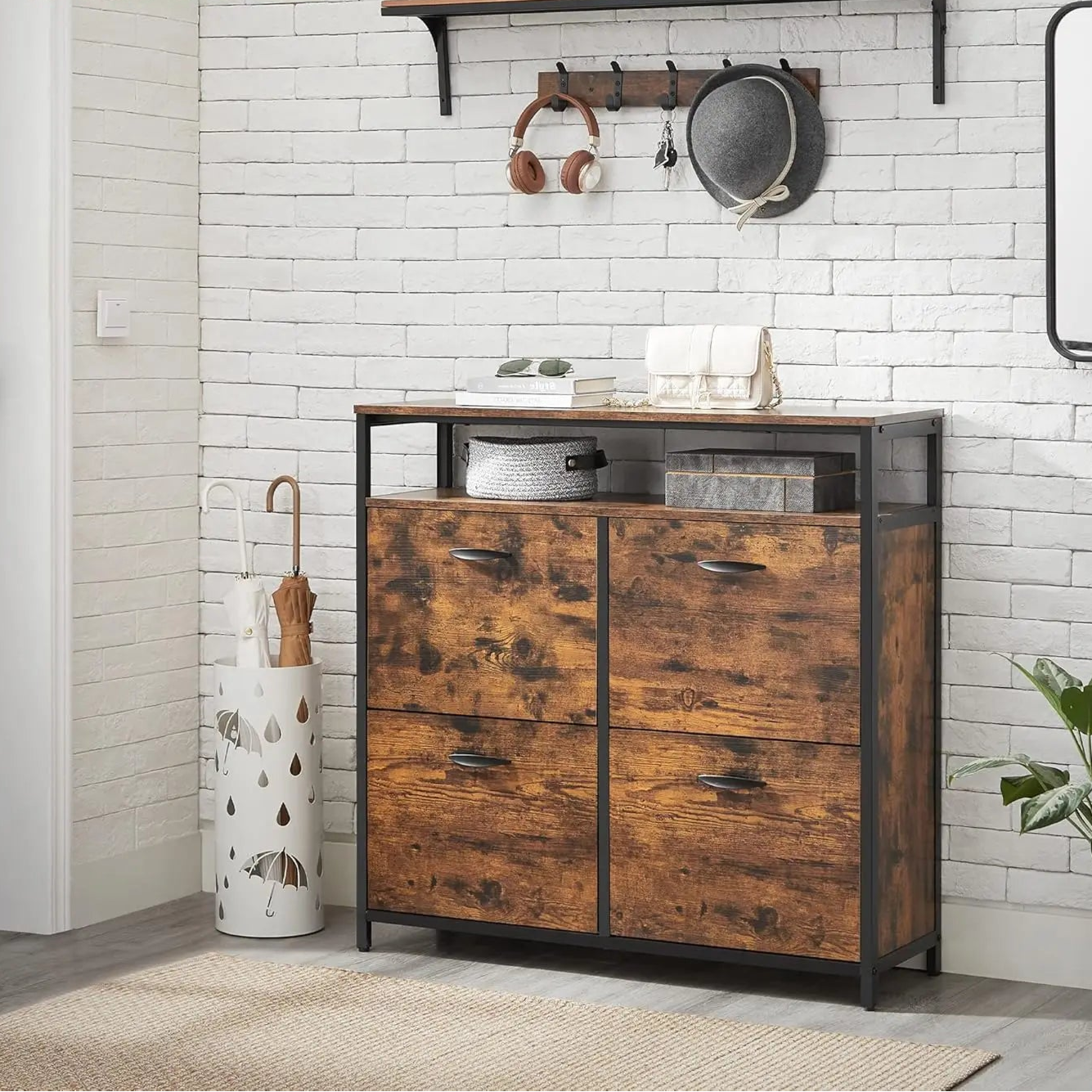 Schoenenkast - Schoenrek - 4 Flappen - 20 Paar Schoenen - Ruimtebesparend - Open Vakken - Accessoires - Verstelbare Voeten - 98.3x30x95cm - Houtplaat - Vinta Breun-Zwart - QUORE