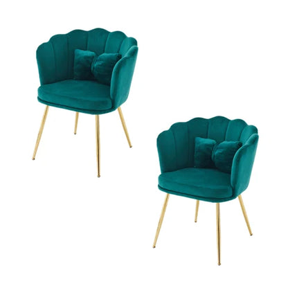Eetkamerstoelen – Set van 2 - Velours Stoel – Lounge Stoel – Fluwelen Fauteuil – Design Fauteuil – Bloembladdesign – Ergonomisch Zitcomfort – Vergulde Metalen Poten - Blauwgroen