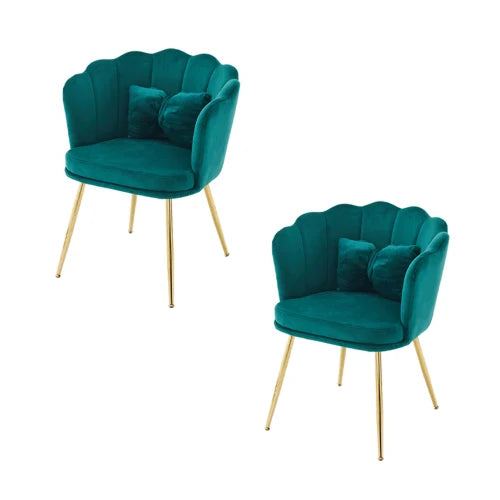 Eetkamerstoelen – Set van 2 - Velours Stoel – Lounge Stoel – Fluwelen Fauteuil – Design Fauteuil – Bloembladdesign – Ergonomisch Zitcomfort – Vergulde Metalen Poten - Blauwgroen
