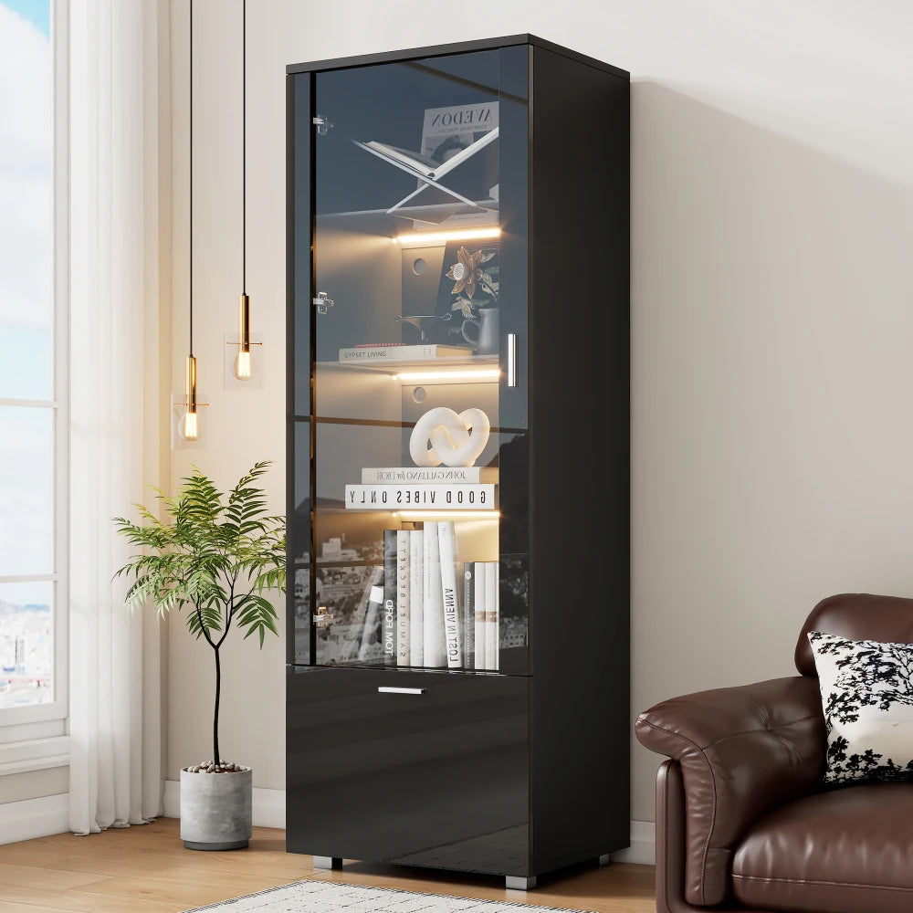 Vitrinekast Zwart – Vitrinekast Hoogglans – Showkast – Glasvitrine – Opbergkast – LED-Verlichting – Gehard Glas Planken