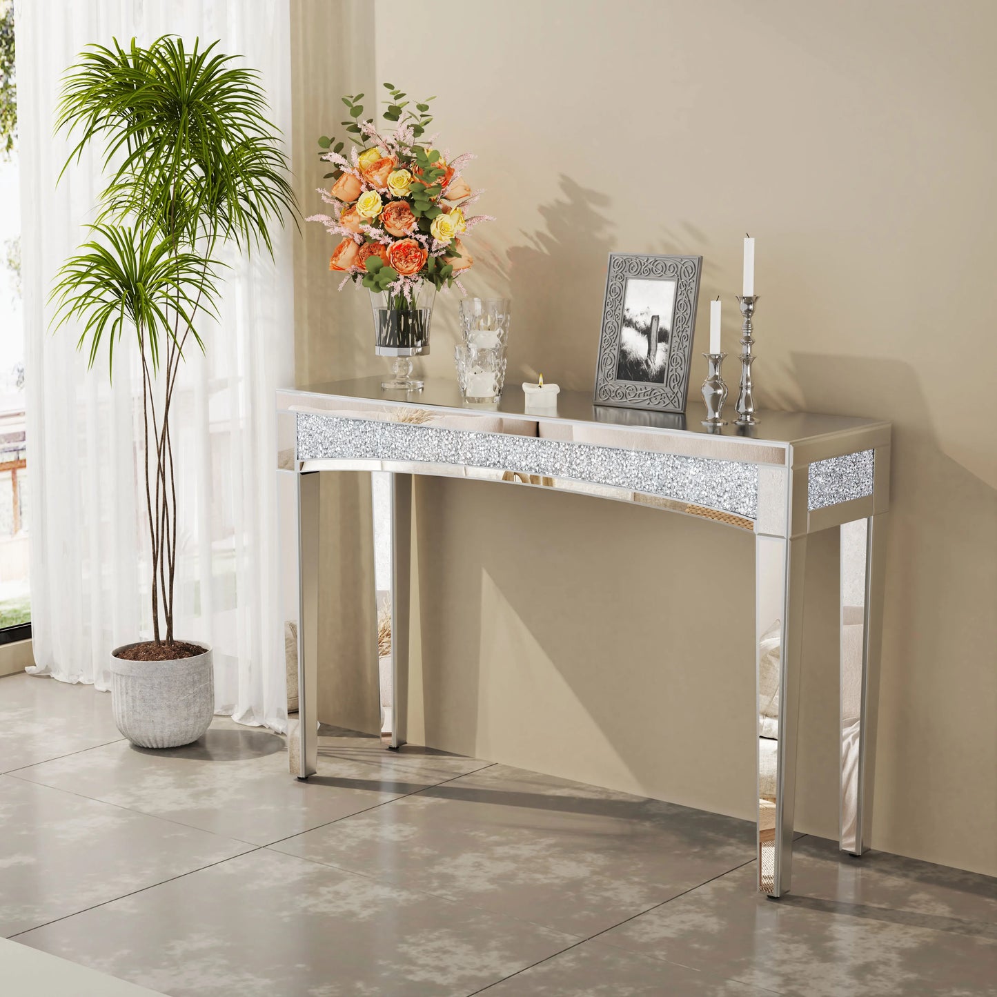 Spiegelconsole Tafel – Haltafel – Sidetable – Make-Up Tafel – Moderne Spiegelafwerking – 120 Cm Breed – MDF En Glas