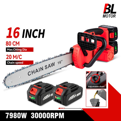Kettingzaag - Snoeizaag - Takkenzaag - Handzaag - Elektrische/Accu - Draadloze - 16 Inch - 7980W - Brushless Motor Zaag voor Tuinonderhoud & Houtbewerking – 2 Accu's en EU Stekker