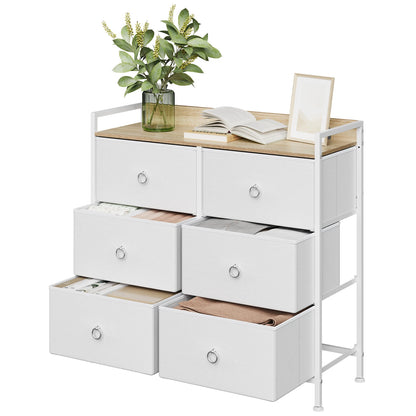 Ladenkast - Dressoir Kasten - Ladekast met 6 Stoffen Lades - Stevig & Stijlvol - Industriële Opbergkast - Metaal & Hout - Voor Woonkamer - Slaapkamer  - Hal  - 80x29x78cm - Wit - QUORE