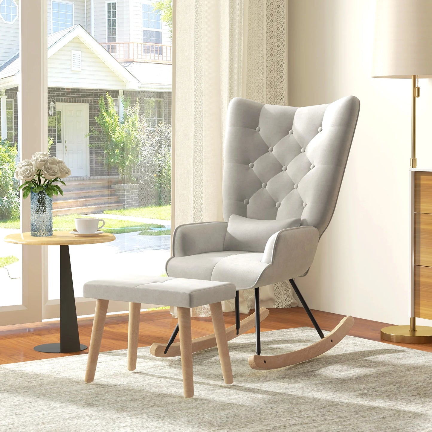 Relaxfauteuil – Relaxstoel – Schommelstoel – Fauteuil Met Voetenbank – Fluweel Crème – Rubberhout – Schommelende Beweging