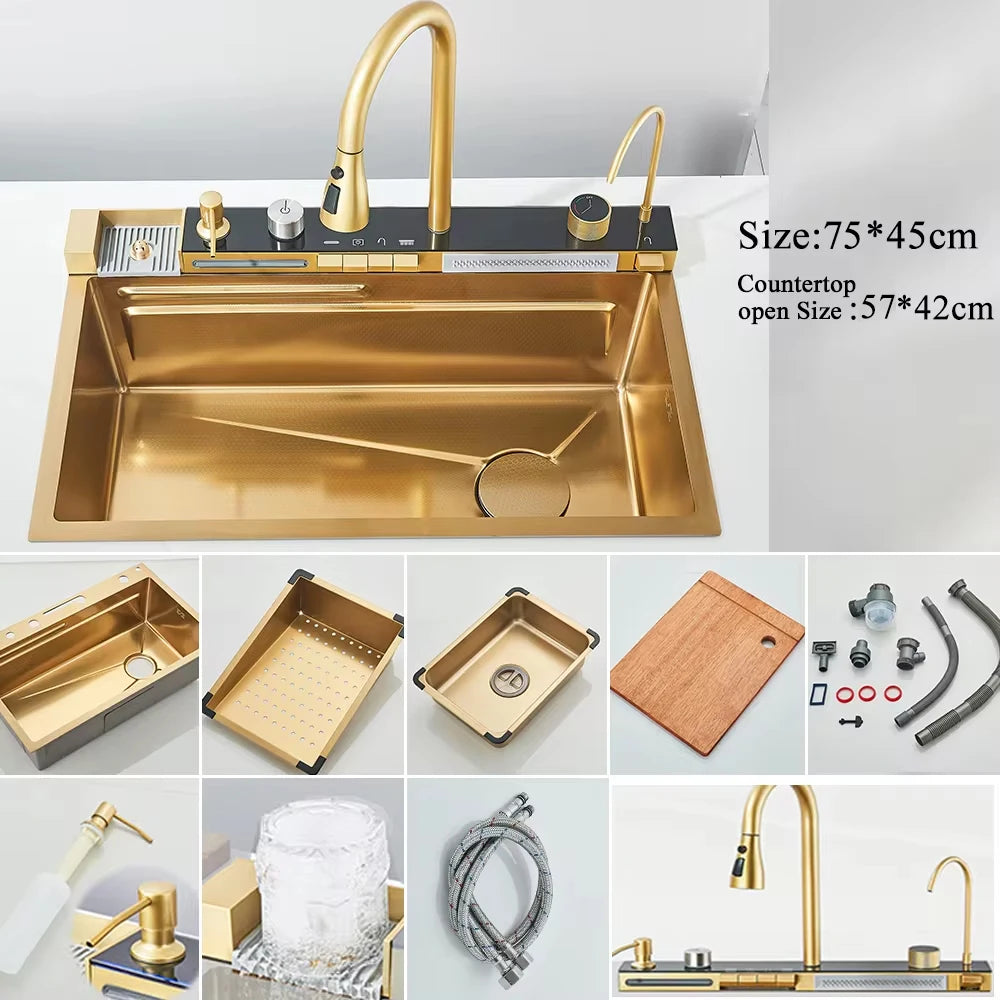 Keukenspoelbak - met Kraan - Digitaal Display - Temperatuurregeling - Waterval Waterfilter - Zeepdispenser – Grote Capaciteit - RVS - Goud