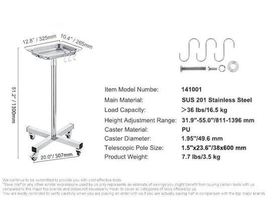 Laboratory Cart - Trolley - Cart - Stainless Steel - 1 Tier - Lab Utility Cart Medical Cart - with Locking Universal Wheels - Lab Clinic Kitchen Salon
