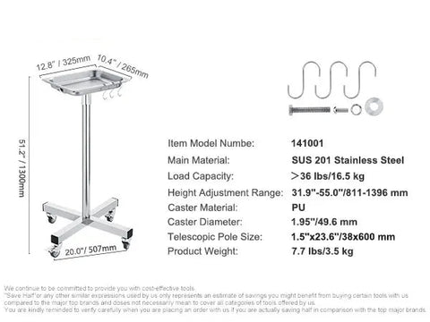 Laboratoriumwagen - Wagen - Kar  - Roestvrij Staal - 1 Laag - Lab Utility Cart Medische Kar - met Vergrendelbare Universele Wielen - Lab Kliniek Keuken Salon
