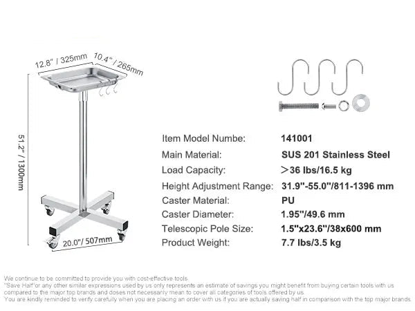 Laboratoriumwagen - Wagen - Kar  - Roestvrij Staal - 1 Laag - Lab Utility Cart Medische Kar - met Vergrendelbare Universele Wielen - Lab Kliniek Keuken Salon