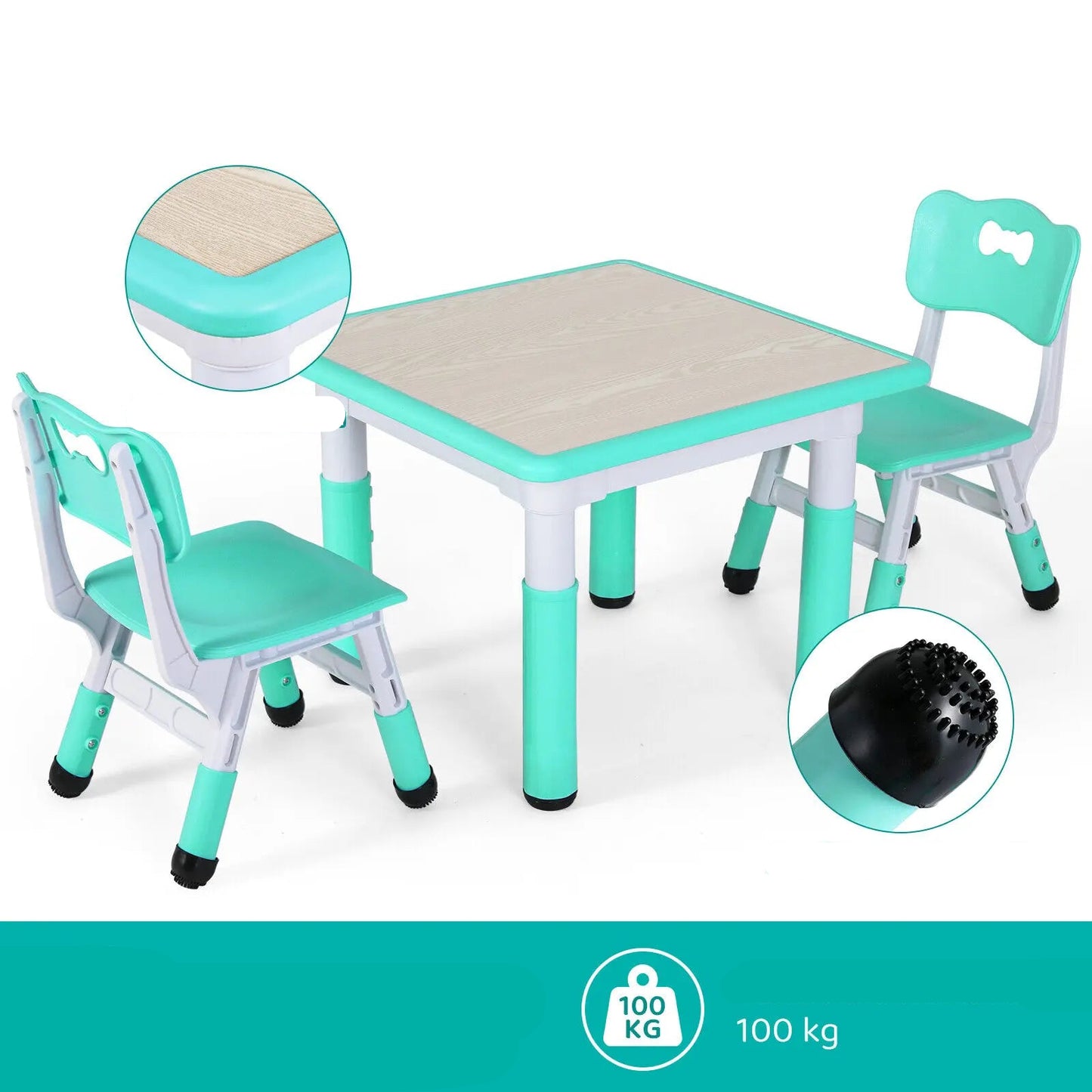 Kindertafel en Stoeltjes - Kindertafel - Kleuterstoel - Kinderstoeltje - Tafel -  Verstelbare Hoogte – 1 Tafel + 2 Stoelen – Voor Kinderen van 3 tot 8 Jaar – Studie & Speelmeubilair - Turquoise
