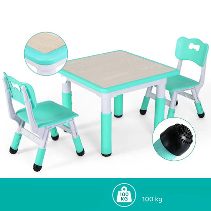 Kindertafel en Stoeltjes - Kindertafel - Kleuterstoel - Kinderstoeltje - Tafel -  Verstelbare Hoogte – 1 Tafel + 2 Stoelen – Voor Kinderen van 3 tot 8 Jaar – Studie & Speelmeubilair - Turquoise