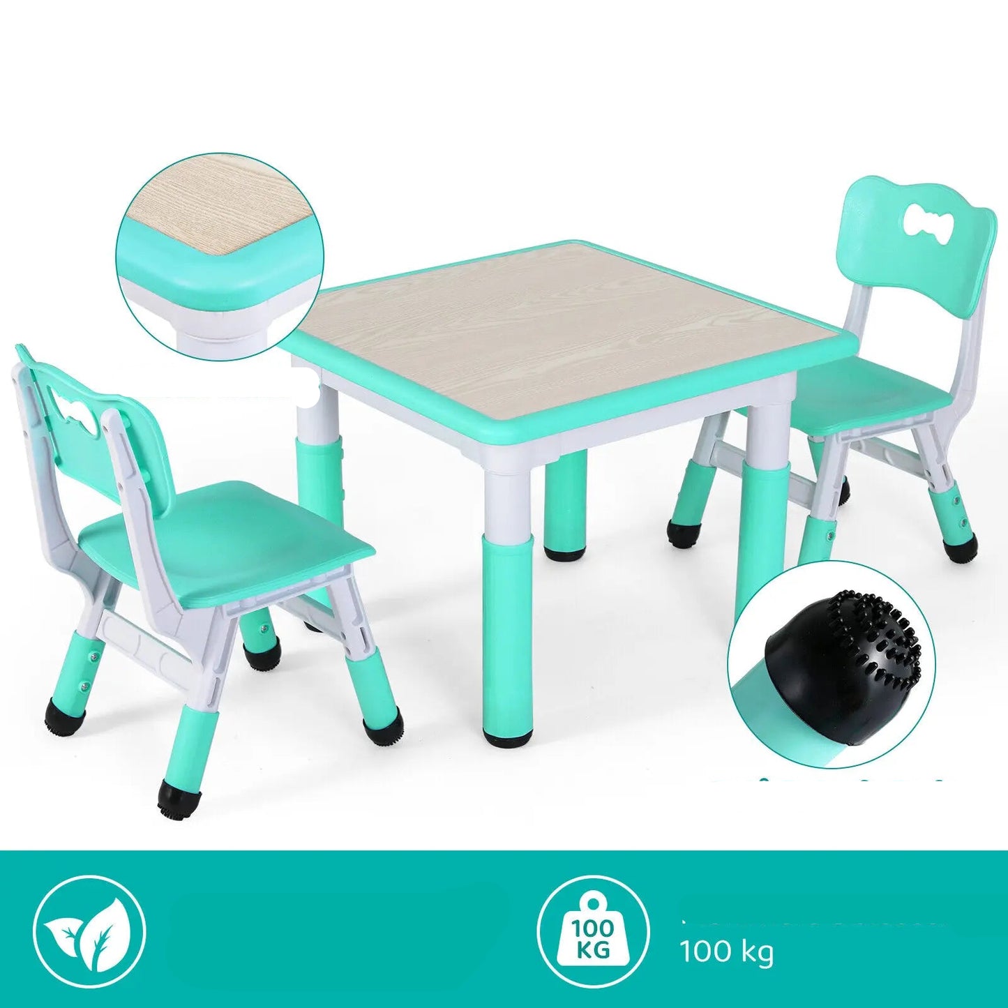 Kindertafel en Stoeltjes - Kindertafel - Kleuterstoel - Kinderstoeltje - Tafel -  Verstelbare Hoogte – 1 Tafel + 2 Stoelen – Voor Kinderen van 3 tot 8 Jaar – Studie & Speelmeubilair - Lichtgrijs