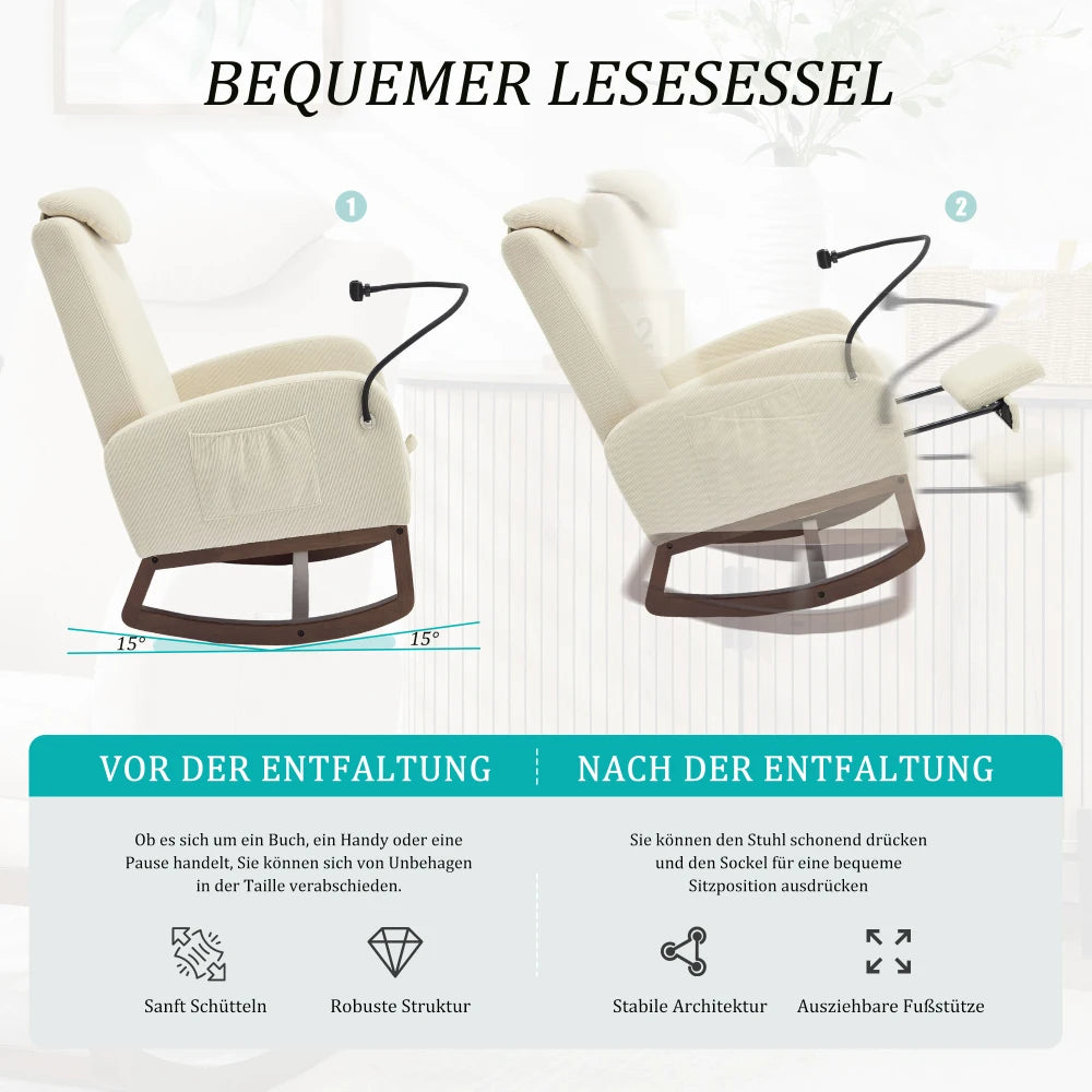 Schommelstoel – Relaxstoel – Loungestoel – Schommelzetel – Fauteuil – Beige Linnen – Verstelbare Hoofdsteun – Uittrekbare Voetensteun