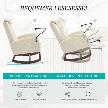 Schommelstoel – Relaxstoel – Loungestoel – Schommelzetel – Fauteuil – Beige Linnen – Verstelbare Hoofdsteun – Uittrekbare Voetensteun