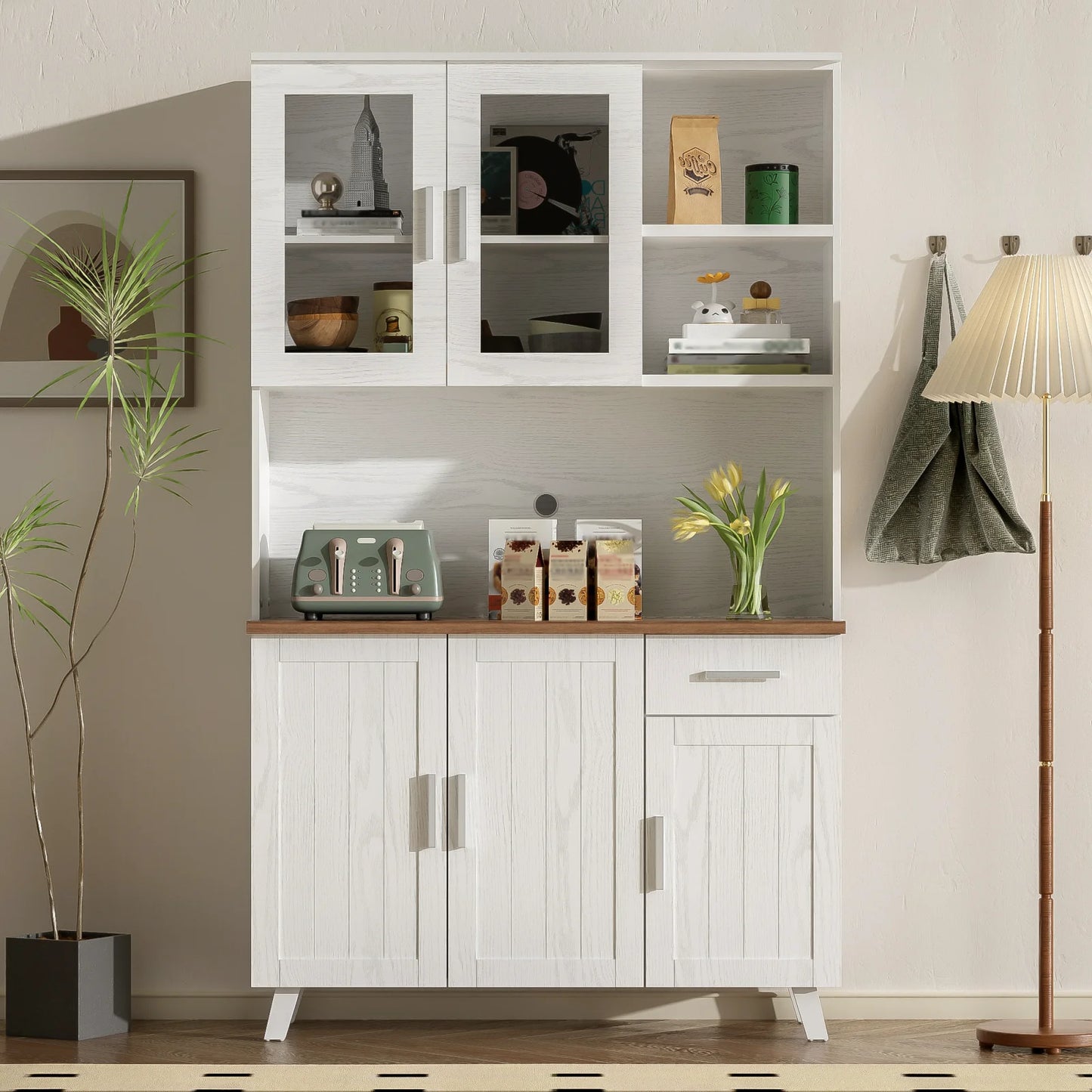 Dressoir – Hoge Kast – Opbergkast – Woonkamermeubel – Buffetkast – Spaanplaat – Glazen Deuren