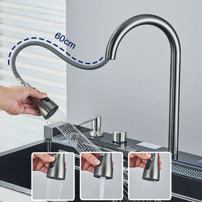 RVS Spoelbak Keukenset – Keukenspoelbak – Enkelvoudige Spoelbak – Digitale Watervalkraan – Multifunctionele Kraan – 75x45 cm – 304 RVS – Honeycomb Nano Coating - QUORE