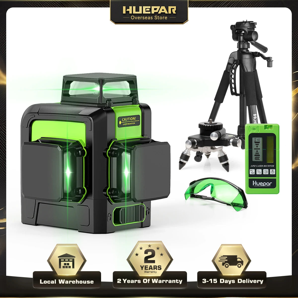 Huepar 903CG Set 12 3D Cross Lines Laser Level Osram Green Laser Beam Self-Leveling 360 Vertical Horizontal with Receiver Tripod - QUORE
