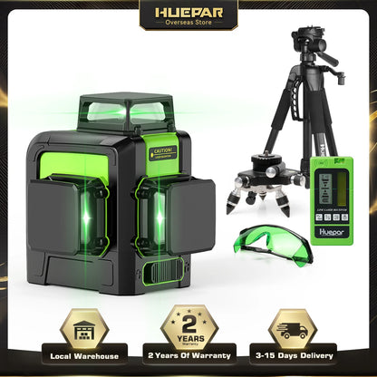 Huepar 903CG Set 12 3D Cross Lines Laser Level Osram Green Laser Beam Self-Leveling 360 Vertical Horizontal with Receiver Tripod - QUORE