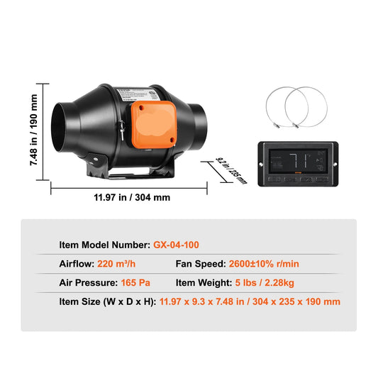 Inline Duct Ventilator - Buisventilator - Pijpventilator - 4-Inch - met Temperatuur - en Vochtigheidscontroller - 28dB - 205 CFM - voor Luchtcirculatie en Kweekruimtes