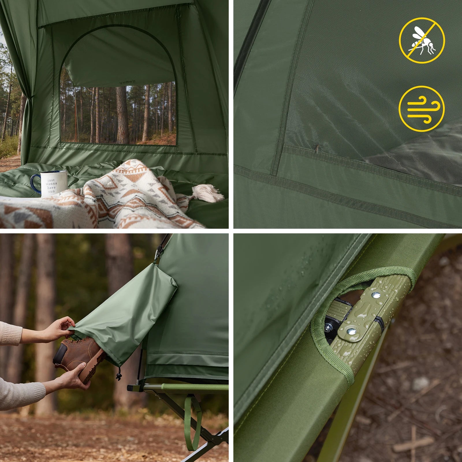 Kampeerpakket 4-in-1 – Tent – Campingbed – Luchtmatras – Slaapzak – Voor 2 Personen – Waterdicht Polyester – Stevig Metalen Frame - QUORE