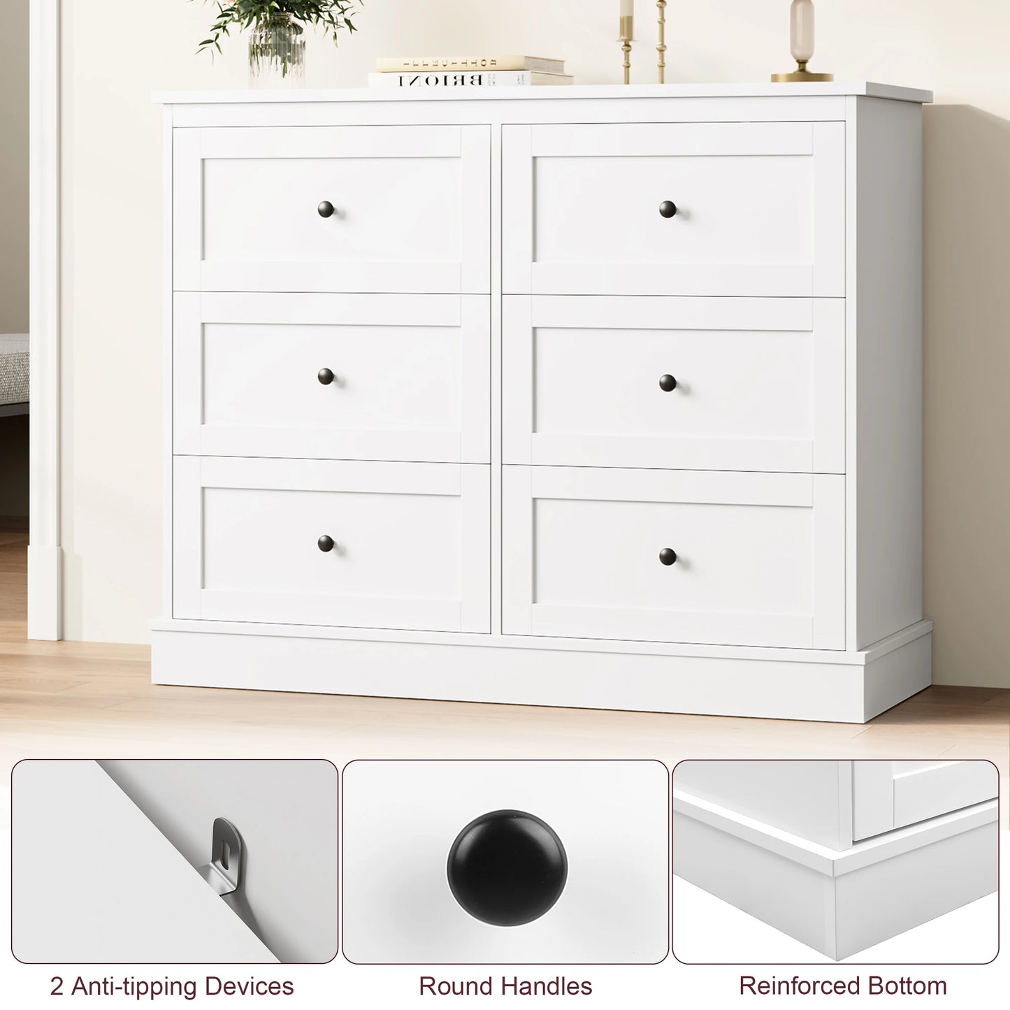 Getone Chest of Drawers Bedroom, Tall Chest of Drawers with 6 Drawers, Bedroom Furniture Storage Cupboard Cabinet  Bedroom Dresser, for Living Room Hallway 60x40x100cm, 108x87x40cm Wooden