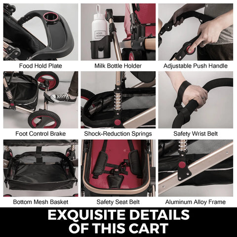 Kinderwagen - Wandelwagen - Buggy - Wandelwagen 3 in 1 - Wandelwagens - Luxe - Draagbaar - Voor Pasgeboren Baby Bassinet Kinderwagen - Goud