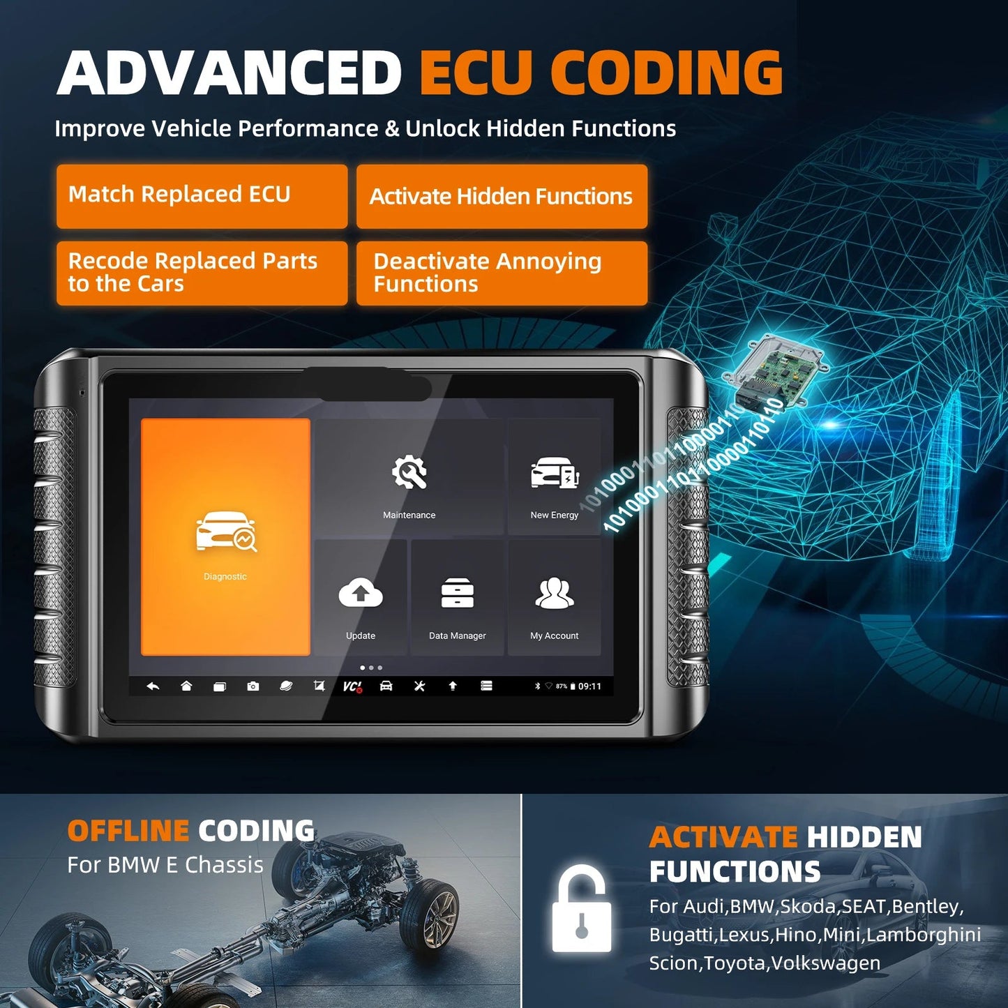 Autodiagnosetool – Auto Scanner – Diagnoseapparaat – Foutcode Lezer – Systeemdiagnose – 10,1 Inch Touchscreen – Bi-Directionele Controle
