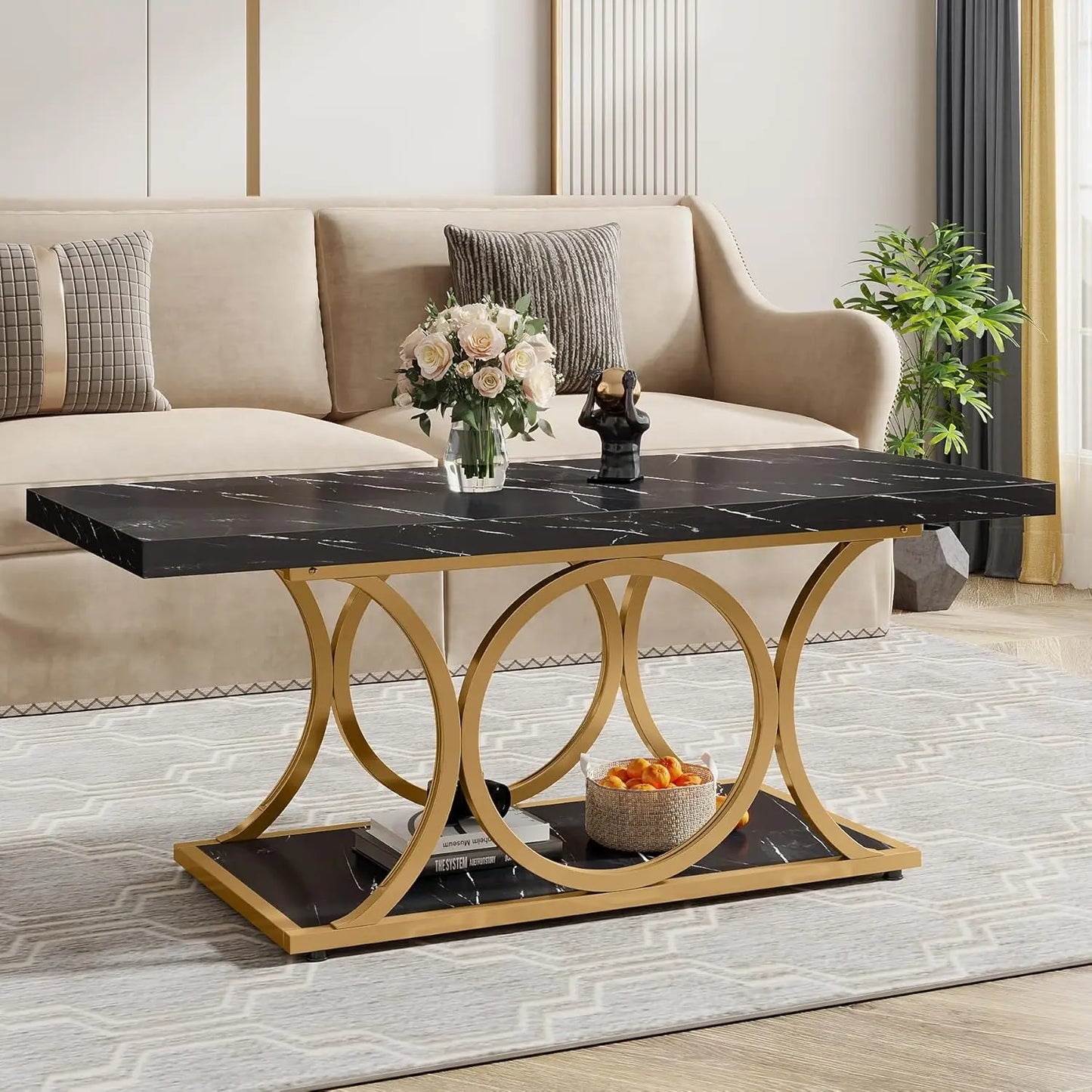 Salontafel – Coffee Table – Tafel – Woonkamertafel – Rechthoekige Tafel – Nep-Marmer Look – Verstelbare Pootjes - 120 x 60 x 48 cm - Zwart