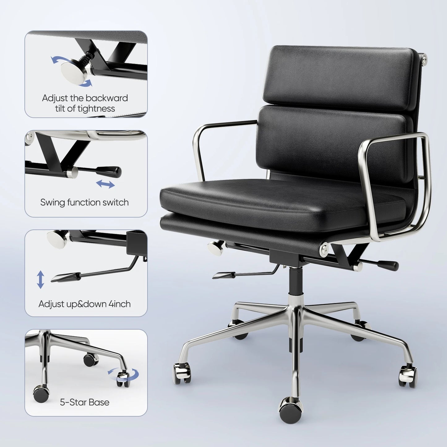 Bureaustoel – Office Chair – Bureaustoelen – Fauteuil – Stuhl – Ergonomisch Ontwerp – Verstelbare Hoogte – Kunstleren Bekleding – Draaibaar Met Wieltjes
