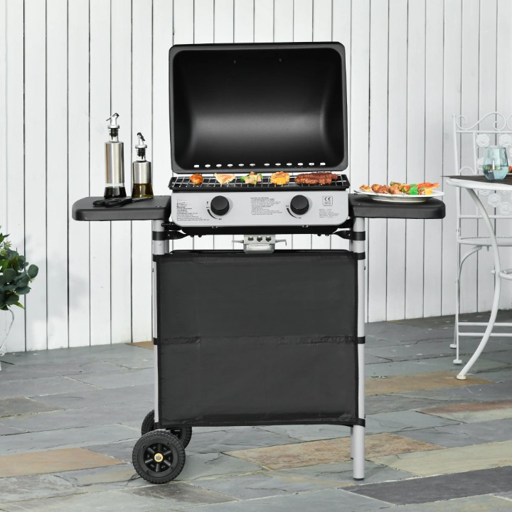 Gasbarbecue - BBQ-rokergrill -  met 2 Branders - 2-zijdige Barbecuetafel - Planken - Wielen - Groot Grilloppervlak - voor Buiten - Tuin - Achtertuingrillen - 104 x 49 x 99 cm - Zwart - QUORE
