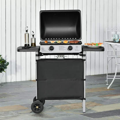 Gasbarbecue - BBQ-rokergrill -  met 2 Branders - 2-zijdige Barbecuetafel - Planken - Wielen - Groot Grilloppervlak - voor Buiten - Tuin - Achtertuingrillen - 104 x 49 x 99 cm - Zwart - QUORE