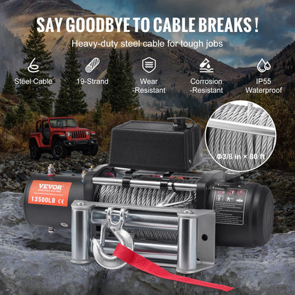 VEVOR 13500lbs Electric Winch 12V DC Truck Winch with 80 ft Steel Cable Wireless & Wired Remote Control for Towing Off-Road SUV
