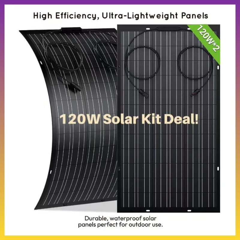 Zonnepanelen – Flexibele Zonnepanelen – Mobiele Zonnepanelen – Opvouwbare Zonnepanelen – Ultradunne Zonnepanelen – 2x 120W (240W Totaal) – IP67 Waterdicht – Hoog Vermogen