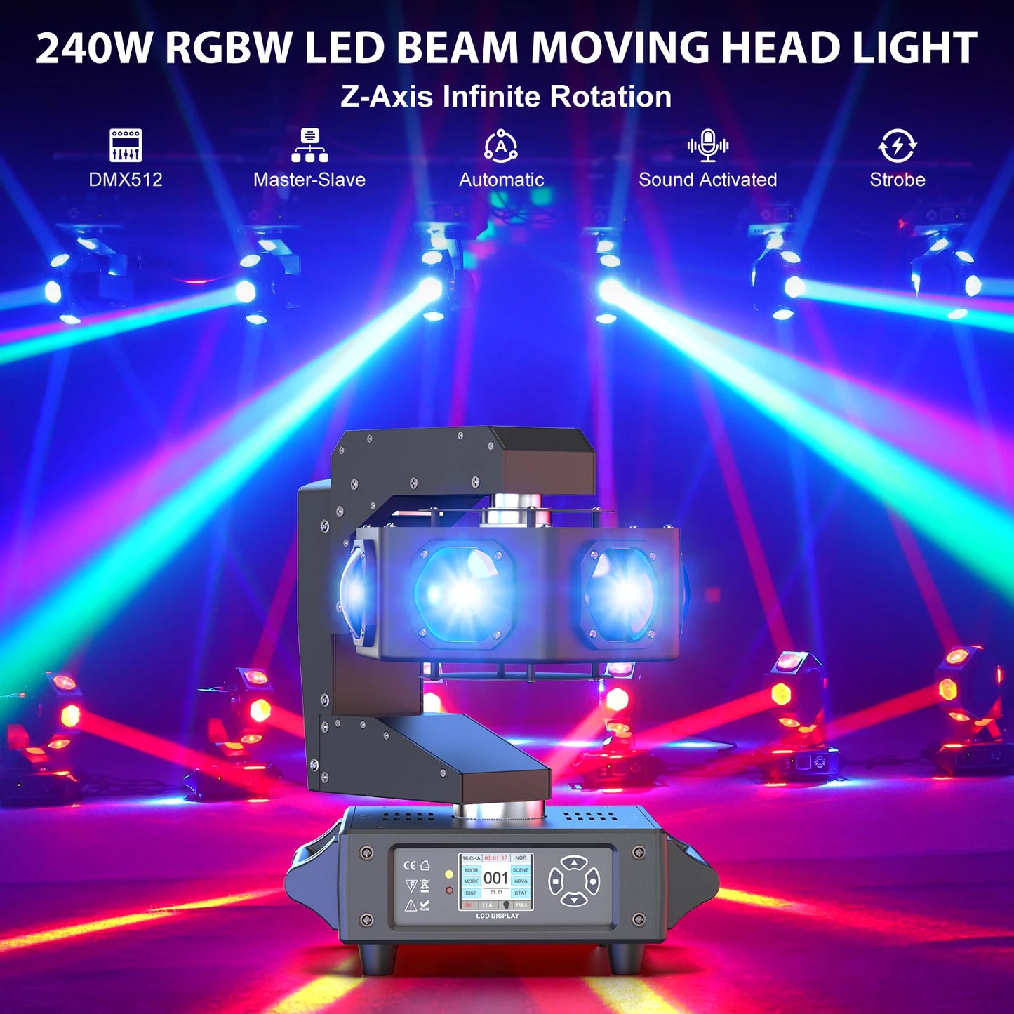 Moving Head Beam Licht – DJ Licht – Podiumverlichting – Discolamp – Feestverlichting – EU Plug – Krachtige 240W RGBW LED – 360° Draaibaar - QUORE