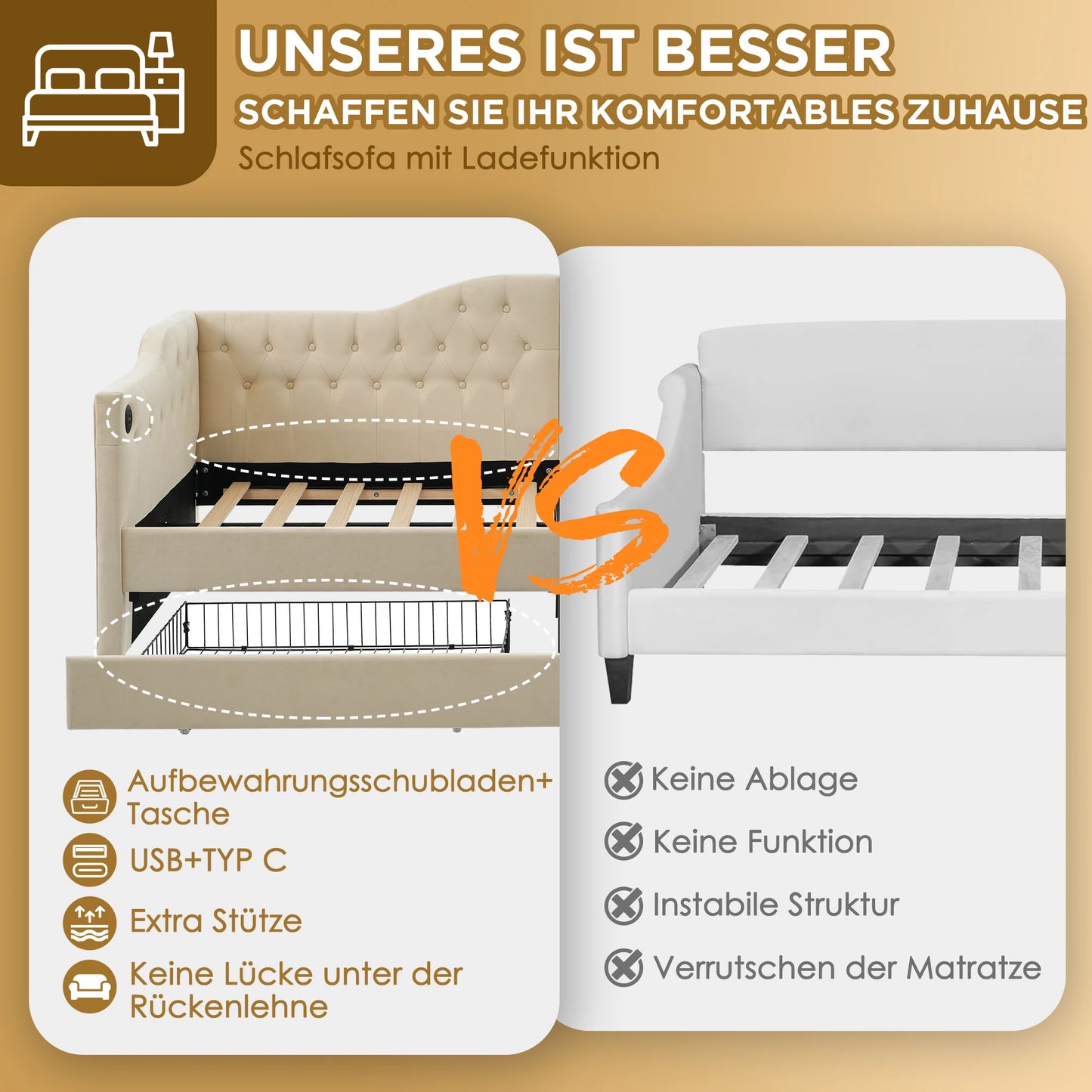 Slaapbank – Bedbank – Logeerbank – Bedbank Met Opbergruimte – Beige Fluwelen Slaapbank 90x200 cm – Met USB Type-C Oplaadpoort – Inclusief 2 Lade Opbergruimtes