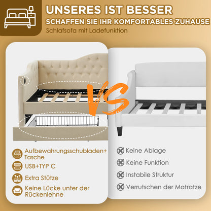 Slaapbank – Bedbank – Logeerbank – Bedbank Met Opbergruimte – Beige Fluwelen Slaapbank 90x200 cm – Met USB Type-C Oplaadpoort – Inclusief 2 Lade Opbergruimtes