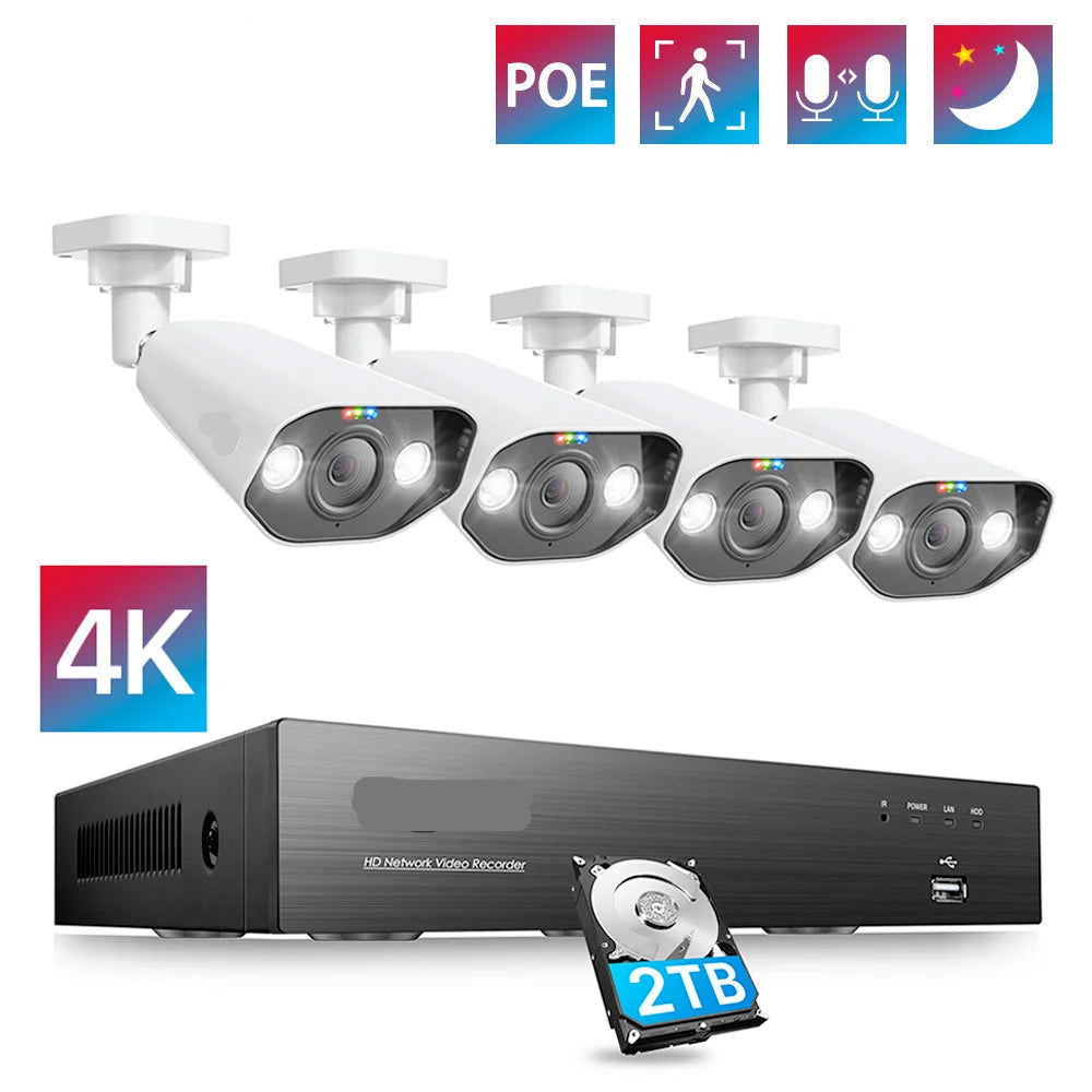 4K Beveiligingssysteem – IP Camera Systeem – Ultra HD Beveiliging – Nachtzicht Camera – PoE Installatie - 4 Stuks - 5MP camera – Ingebouwde HDD: 2T