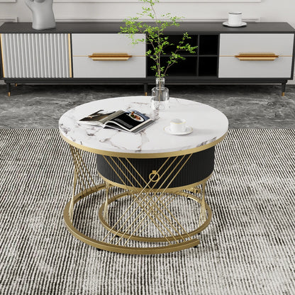 Koffietafel Set – Salontafel – Bijzettafel – Woonkamertafel – Modulaire Tafels – Marmerlook Blad – Gouden Accenten - 78 x 76.5 x 28 cm - Wit & Goud