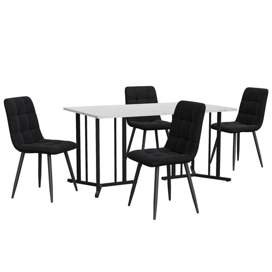 Eettafelset – Eettafel Met Stoelen – Dinerset – Fluwelen Stoelen – 140x80 Cm Tafel – Verstelbare Pootjes – Metalen Frame - Zwart