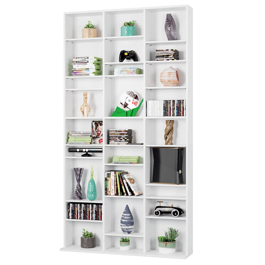 Hoge Boekenkast – Boekenkast – Cd Rek – Dvd Kast – Opbergkast – Wit Hout – 27 Verstelbare Vakken – 190 cm Hoog