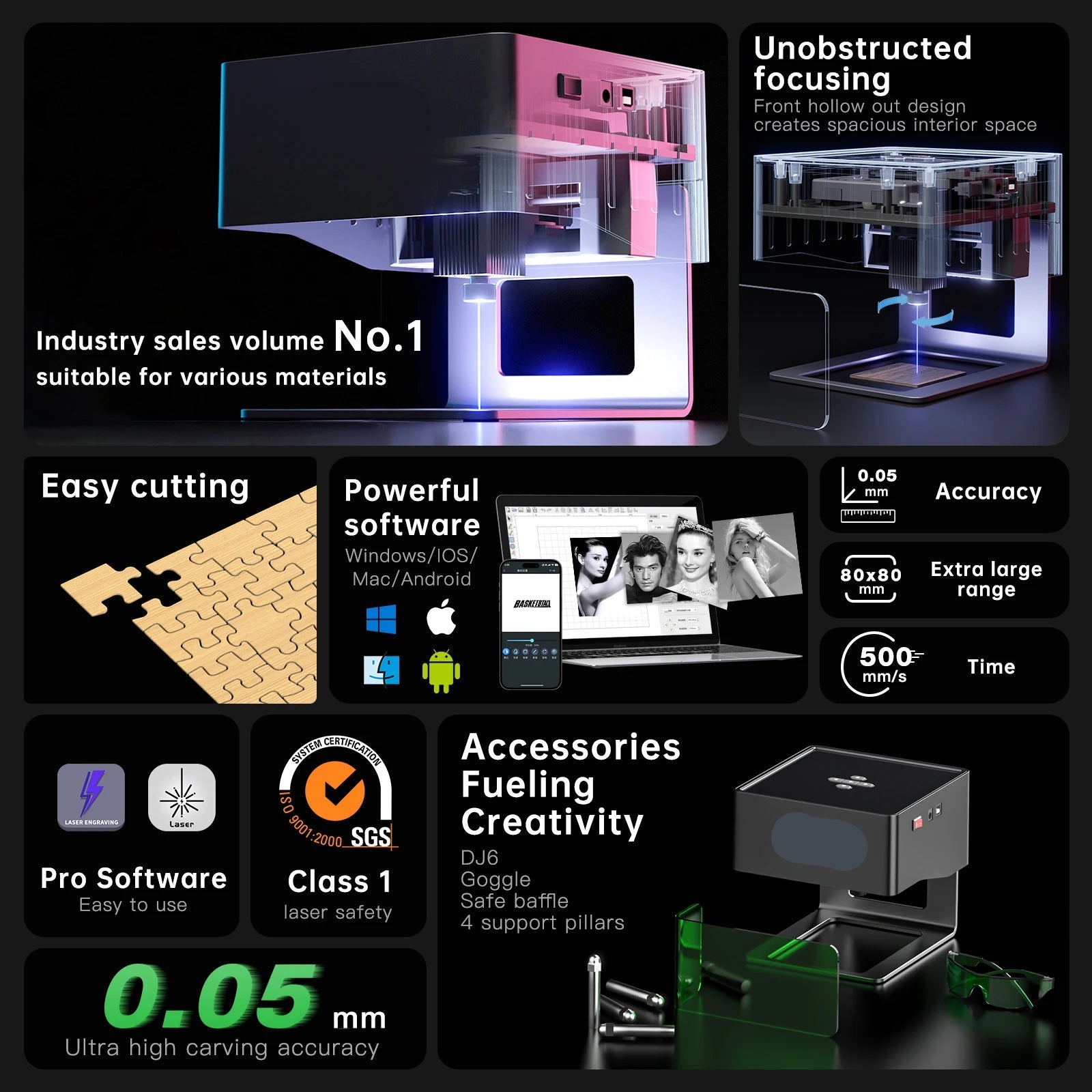 Lasergraveermachine - Graveermachine - Mini Draagbare Laser Graveermachine - 220V - 3000mW  - Laser Cutter - DIY CNC Logo Markeer- en Snijmachine - voor Hout, Kunststof en Leer (EU Stekker) - QUORE